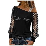 Schulterfrei Oberteile Damen Sexy Glitzer Langarmshirt Schwarz Casual Mode Langarm Shirt Bluse Tops Tunika Elegant Einfarbig Pullover Jumper Herbst Winter Spitze Sweatshirt Streetwear L