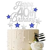 40. Geburtstagstorte Topper, Glitter Happy 40. Geburtstagstorte,Happy 40th Birthday Tortendeko Silber,Kuchen Deko mit Stern Topper fü