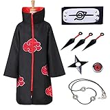 Akatsuki Mantel für Kinder Erwachsener Unisex Cosplay Kostüm, Cosplay Halloween Weihnachten Party Kostüm Umhang Umhang mit Stirnband, Ring, Kakashi Kunai und Ninja Shuriken. (X-Large)