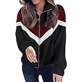 Winterjacke Sweatjacke Damen Revers Zip Mantel Jacke M-Form Farbblock Spleißen Solide Langarm Outwear Reißverschluss Fuzzy Fluffy PulloverCoat Outfits Bluse Tops Warmer Kaschmir W