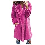 GOKOMO Damen Winter Fleecejacke Lang Elegant Plüsch Einfarbig Mantel mit Revers Mantel aus Kunstpelz Für Damen Winter Damenmantel Langarm Warme Wattierte Jacke(Leuchtend rosa,XXL)