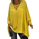 DressLksnf Damen Tunika Tops V-Ausschnitt Solides Criss Cross T-Shirt Langarmshirts Schnürung Vorne Bluse Oberteil Sommer Langarm Oberteile Basic T-Shirt B