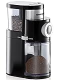 ROMMELSBACHER Kaffeemühle EKM 200 – aromaschonendes Scheibenmahlwerk, Mahlgrad einstellbar von grob bis extra fein, 2-12 Portionen, Füllmenge Bohnenbehälter 250 g, 110 Watt, schw