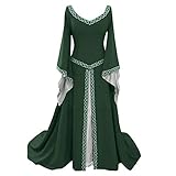 YEBIRAL Damen V-Ausschnitt mit Trompetenärmel Mittelalter Kleid Bodenlangen Cosplay Dress Große Größen Renaissance Maxikleid Halloween Party Kostü