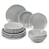 suntun teller set 6 personen, Tafelservice Grau, 18 teilig geschirrset vintage mit je 6 Suppenteller, 6 speiseteller und 6