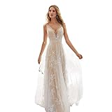 Weiß Hochzeitskleid Damen Lang Brautkleider Elegant Spitze Brautmode RüCkenfrei Abiball Prinzessin Kleider Abendkleider Elegant FüR Hochzeit (Unit: