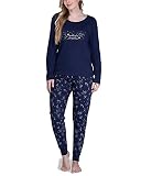 maluuna Damen Schlafanzug aus 100% Baumwolle mit Sternzeichenmotiv, Farbe:Navy, Größe:L