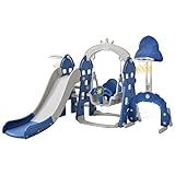 Kinderrutsche 5 in1 Multifunktionale Kleinkinderrutsche Mit Basketballkorb Fußballtor Schaukel Kletterturm für 2-8 Jahre Kinder (Blau)