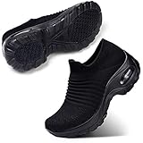 STQ Damen Schuhe Slip On Sneakers Freizeit Atmungsaktive Fitness Turnschuhe Plattform Air Leichte Outdoor Walking Schuhe(All Schwarz39)