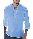 Gemijacka Herren Leinenhemd Henley Freizeithemd 3/4 Ärmellänge & Kurzarm Regular Fit Kragenloses Shirt, Blau, XL (Herstellergrösse: 1L)