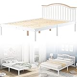 Einzelbett Holzbett 90 x 200 cm Doppelbett 140x200cm Holzbett aus Bettgestell mit Kopfteil und Lattenrost, Massivholzbett Kiefer Massiv Bett Weiß Bett Jugendbett Schlafzimmer Kinderbett,90x200