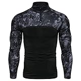 QWERD Herren Tactical Military Army Combat T-Shirt Langarm Slim Fit Camo Shirt mit 1/4 Reißverschluss Taktisches Combat Langarmshirt mit Taschen Airsoft Top Outdoor Kleidung für Jagd Camping W