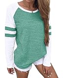 YOINS Pulli Damen Langarmshirt Sweatshirt mit Streifen Rundhals Ausschnitt Oversize Hemd, Streifen-hellgrün, Gr.- M/ 40-42