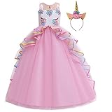 MYRISAM Mädchen Einhorn Prinzessin Kostüm Hochzeit Geburtstag Festzug Halloween Karneval Weihnachten Party Lange Tüll Verkleidung Outfits Tanzen Fotografie Ballkleider mit Stirnband Rosa 4-5T