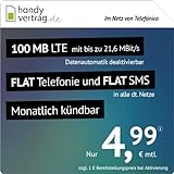 Handyvertrag.de LTE All 100 MB - monatlich kündbar (Flat Internet 100 MB LTE mit max. 21,6 MBit/s mit deaktivierbarer Datenautomatik, Flat Telefonie, Flat SMS und EU-Ausland, 4,99 Euro/Monat)