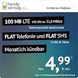 Handyvertrag.de LTE All 100 MB - monatlich kündbar (Flat Internet 100 MB LTE mit max. 21,6 MBit/s mit deaktivierbarer Datenautomatik, Flat Telefonie, Flat SMS und EU-Ausland, 4,99 Euro/Monat)