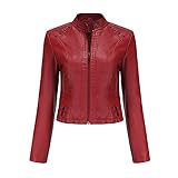 YYNUDA Frauen Lederjacke kurz Kunstleder Reißverschluss Nieten Mode solide Farbe Biker Jacke Rot L