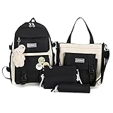 Keptfeet 4-teiliges Schulrucksack-Kombi-Set mit Kawaii Bären-Anhänger, Canvas-Laptop-Schultaschen-Sets für Kinder mit Tragetasche, Lunchbox-Tasche, Back to School Supplies Daypack