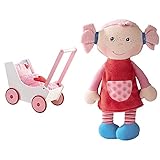 HABA 950 - Puppenwagen Herzen, niedlicher Puppenwagen mit zweifach verstellbarem Bügel, Matratze, Kissen und Decke, ab 12 Monaten & 2658 Weichpuppe Fine, ab 6 M