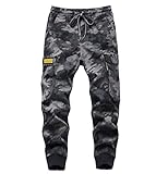LAUSONS Jungen Cargohose Kinder Jogginghose Casual Outdoor Hose mit Gummizug Grau Tarnung DE:164-170 (Herstellergröße 170)
