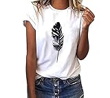 Frobukio Damen Kurzarm Bluse Basic Tshirts Weiss, Sommer Oberteile Feder Drucken Tops Rundhals Mode Teenager Mädchen Frauen Hemd Bluse Tunic Tops Tuniken (Feder, L, l)