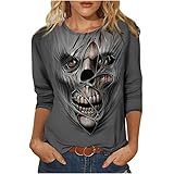 Damen Bluse Frühling Winter Langarm T-Shirt Rundhals mit Skelett Muster Aufdruck Lang Elegant Blusen Tuniken für Frauen Lässige Bequemer Lange Ärmelen Tee Shirt Oberteile Hipster Streetw