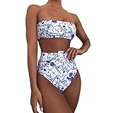 Trägerlose Bikini Set Damen Neon Bandeau Bikinis High Waist Bequeme Größen Bauchweg Bademode Leo Bikini Zweiteilig Badeanzug Sportlich Ausgefallene Strandbikinis Beachw