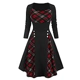 GOKOMO Damen Vintage Kleid Kariert Taille Langarm Spleißen Sexy Kleid Geknöpft Slim Fit Rock Damen Kurz Kariert Abendkleid Dating Kleid Partykleid (XL,Rot)