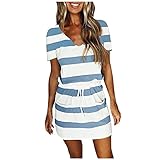 BOOMJIU Damen Strandkleid Weste Kleid Casual V-Ausschnitt Kurzarm Träger Off Shoulder Gestreiftes Trägerkleid Sexy Minikleid Sommerk