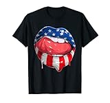 T-Shirt Sexy Lippen Frau USA Flagge Amerika Zähne Zunge Gelb T-S