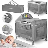 Ricokids Reisebett Kleinkinderbett, tragbar, Laufgitter, Himmel, zwei Stufen der Matratzenhöhe, 125x65x78cm, 15 kg Belastbarkeit, faltbar, 2 Räder mit Bremsen, abnehmbarer Seiteneingang Hellg