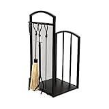 Holtaz Feurer Set mit 5 Kaminwerkzeugen Schaufelbürste Schaufelzange Kamingestellverdichter Kaminzubehör Schwarz Holzregal Kaminholzhalter 79,5x36x35,5