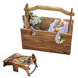 ACAREY Folding Picnic Basket Table, Picknicktisch Aus Holz Mit Rotweinglas-Halter, Aus Holz Mit Weinglashalter, Picknicktisch Im Freien,2 In 1 Weintisch Für Camping Picknick Strand Für Reisen, G