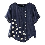 Bluse T-Shirt Damen O-Ausschnitt Tunika Kurzarm Tops Bluse Frauen Gänseblümchen Blumendruck Patched Kurzarm O-Ausschnitt T-Shirt Top (M,Marine)