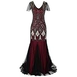 IMEKIS Damenkleid Vintage der 1920er Jahre mit Perlen und Pailletten Flapper Gatsby Kostüm Cocktail Meerjungfrau Abendkleid V-Ausschnitt Langes Tanzkleid, Burgunderrot, M