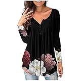 AFFGEQA Damen Plissiertem Blumendruck Tshirt Langarmbluse Herbst Rundhals Pullover Langarm Tshirt Basic Longshirts Lockere Oberteile B
