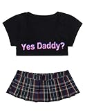 iEFiEL Damen Sexy Minirock mit BHS Set Yes Daddy Babydoll Nachtwäsche Crop Tops Cosplay Schulmädchen Kostüm Dessous Schwarz mit Grün One S