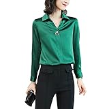 E-girl Damen Dunkelgrün Hemdbluse Seide Solide Jumper Hemden Damenbluse Langarm V-Ausschnitt Seidenbluse,M,S6622