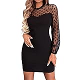 AIchenYW Damen Netz Ärmel Kleider Bodycon Abendkleider mit Wellenpunkt Drucken Figurbetontes Partykleid Rundhals Bleistiftkleid Sexy Mesh Minikleider Slim Fit Cocktailkleid Bleistiftk