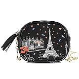 ALARGE Damen Mädchen Schultertasche Paris Eiffelturm Liebe Herz PU Leder Sling Bag Geldbörse mit verstellbarem Metallkette Gurt und Q