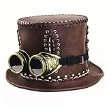 XHLLX Steampunk Hut Design Mit Retro Brille Leder Zylinder Viktorianischer Hut Karneval Dekoration Pu Leder Retro Punk Cosplay Halloween Herren Damen Braun,S