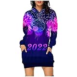 BOTCAM 2022 New Year Drucken Damen Hoodie Kleid Langarm Herbst Winter Kapuzenpullover Mit Taschen Lang Lässig Lose Sweatshirt Damen Oversized Pullover Kleid Partykleid Longshirt Kapuzentop