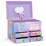 Jewelkeeper - Zuckerwatte Einhorn große musikalische Schmuck Aufbewahrungsbox mit 4 ausziehbaren Schubladen, Schmuckkästchen Mädchen - Over the Rainbow M