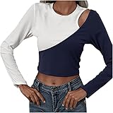 Masrin Trendige Oberteile für Damen Modischer Pullover mit Farbblock Patchwork Sexy Crop Tops zum Aushöhlen Tunika mit O Ausschnitt und Langen Ärmeln Schmale Bluse Clubwear Partykleidung