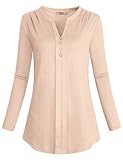 Miusey Damen Henley Tunika, V-Ausschnitt, Lange Ärmel, Faltenstrick - Beige - XX-Larg