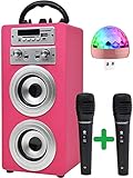 DYNASONIC - (3. Gen) Tragbarer Bluetooth-Lautsprecher mit Karaoke-Modus und Mikrofon, FM-Radio und USB-SD-Lesegerät (Modell Pink, Disco-Lichter)