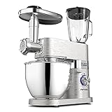 Aifeel Hochwertiger Küchenmaschine 1500W 9 Zubehör Multifunktionaler Küchenmixer mit 5,5 l Schüssel, Teighaken, Schneebesen, Schläger, Entsafter-Mixer, Fleischwolf, Aufschnittmaschine, 59dB-Silb