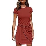 XWLY Freizeitkleid Damen Slim Fit Stretch Sommer Kleid Niedlich Einfarbig Bowknot Irregulär Gürtel Damen Partykleid Rundhal Kurzarm Komfortabel All-Match Damen Kurze Kleider G-Brick Red XL