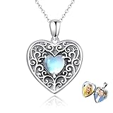 Herz Medaillon Kette Damen 925 Sterling Silber Mondstein Medaillon Herz Amulett zum Öffnen 2 Fotos Geschenk für Freundin Frau Mutter Love You F