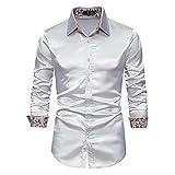 Hemd Herren Drucken Spleißen Satin/Einfarbig Glänzend Hemd Herren Slim Fit Klassisch Revers Langarm Shirt Herren Business Work Bankett Leistung All-Match Hemd H